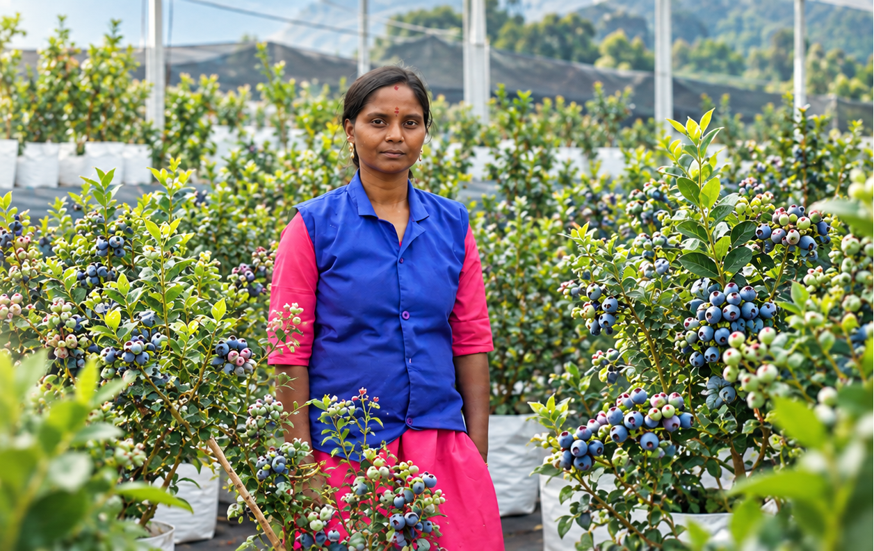 Field team among fruiting blueberry bushes in the greenhouse